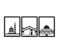 Masjid Al Aqsa, Kaaba & Masjid An-Nabawi Islamic Wall Art, Wooden Blessed Places Islamic Wall Decor, Gift for Muslims at Ramadan Eid (Large, Silver | All Three) (Silver, 37.6L x 30W cm, imade1)