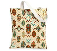 Mask Canvas Tote Bag for Women, Ethnic Tribal Leaf Zigzag Pattern Brown Washable Reusable Grocery Bag Ideas for Travel, Brown, 13x15 Inch