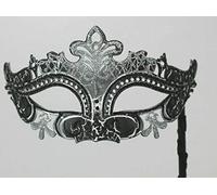 MASK & CO Hand Held Ladies Quality Black and Silver Venetian Masquerade Party Ball Eye Mask on a Stick