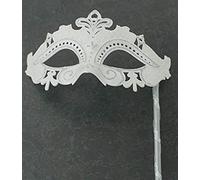 MASK & CO Hand Held Ladies Quality White Silver Venetian Masquerade Party Ball Eye Mask on a Stick