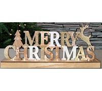 Mask & Co Merry Christmas 8 LED Light Up Freestanding Wooden Sign 45cm long with Gold Glitter Reindeer