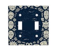Mask Double Light Switch Cover Plate, Tribal Ethnic Sun Leaf Summer Navy Plastic Standard Size Decorative Wall Plates for Living Room Bedroom Home Office Decor