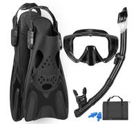 Mask Fins Snorkel Set, Snorkeling Gear for Adults, Panoramic View Diving Mask Anti-Fog, Anti-Leak, Dry Top Snorkel and Dive Flippers with Travel Bag for Snorkeling Swimming