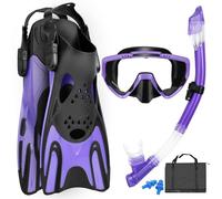 Mask Fins Snorkel Set, Snorkeling Gear for Adults, Panoramic View Diving Mask Anti-Fog, Anti-Leak, Dry Top Snorkel and Dive Flippers with Travel Bag for Snorkeling Swimming (Purple)