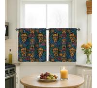 Mask Kitchen Curtains, Bohemian Tropical Flower Leaf Summer Teal Cafe Curtain Panels with Rod Pocket Window Decoration for Dining Room Breakfast Nook Sink Area 26x30 Inch