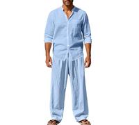 Maskjuwio Linen Suit Men's Summer Lightweight 2-Piece Set Plain Jogging Suit Linen Shirt and Cargo Trousers Set Long Sleeve Tracksuit with Drawstring Slim Fit Sports Suit Breathable Beach Suit