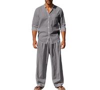 Maskjuwio Linen Suit Men's Summer Lightweight 2-Piece Set Plain Jogging Suit Linen Shirt and Cargo Trousers Set Long Sleeve Tracksuit with Drawstring Slim Fit Sports Suit Breathable Beach Suit, gray