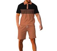 Maskjuwio Men's Clothing Sets, 2-Piece Polo Shirt and Shorts Set, Short Sleeve Tracksuit, Striped Sports Suit, Lapels, Running Suit, Baggy Knitted Suit, Loose Linen Suit, Sizes M-4XL, orange, 4XL