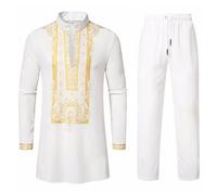 Maskjuwio Thobe Set Men's 2-Piece Set Dubai Arab Kaftan Clothing Men's Middle East Thobe with Trousers Islamic Costume Long Sleeve Kaftan African Suits Outfits Men Muslim Sizes S-XL, White, L