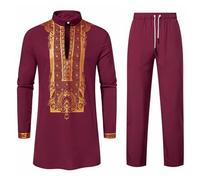 Maskjuwio Thobe Set Men's 2-Piece Set Dubai Arab Kaftan Clothing Men's Middle East Thobe with Trousers Islamic Costume Long Sleeve Kaftan African Suits Outfits Men Muslim Sizes S-XL, red, XXL