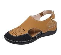 Maskjuwio Women Leather Sandals Comfy Wedge Sandals Arch Support Sandal Cut Out Closed Toe Sandal Two-Tone Wide Fit Shoes Platform Slingback Shoes Casual Summer Shoe Adjustable Straps Shoe