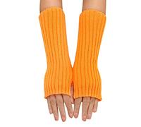 Maskjuwio Women's and Winter Plain Lacquer Multicoloured Wool Long Striped Half Finger Gloves Women's Gloves Blue (Orange, One Size)