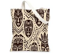 Masks Canvas Tote Bag for Women, Ethnic Artistic Patterns Lines Cultural Brown Washable Reusable Grocery Bag Ideas for Outd, Brown, 13x15 Inch