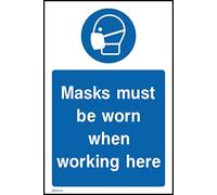 Masks Must Be Worn When Working Here Sign - 75mm x 100mm - Self Adhesive Sticker (MPPE32)