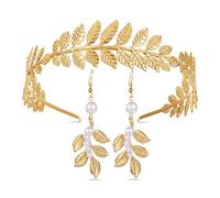 Maslasee Roman & Greek Toga Accessory Set - Gold Laurel Headband & Earrings, Vintage Ancient Greece Style Costume Jewelry for Adults & Themed Parties