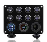 MASO 12-24V 8 Gang Toggle Switch Panel Dual USB Socket Charger Blue LED Voltmeter 12V Power Outlet for Car Boat Marine RV Truck