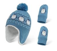 MASOCIO Baby Hat Mittens Set Winter Boys Girls Toddler Kids Bobble Beanie with Ear Flaps Pom Pom Gloves Thermal Knitted Wooly 9 Warm Fleece 1 Year Caps Age 6-12 Months Blue