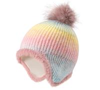 MASOCIO Kids Girl Winter Hat Girls Fleece Lining Warm Bobble Beanie with Ear Flaps 4 5 6 7 8 9 Toddler Children Thermal Knitted Wooly Caps with Pom Pom Age 3-10 Years Multicolor