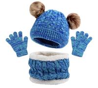 MASOCIO Kids Girls Boys Hat Scarf Gloves Set 3 in 1 Winter Warm Toddler Baby Bobble Thermal Knitted Wooly Fleece Snood 3 4 5 Neck Warmer Pom Pom Hats Age 2-6 Years Blue