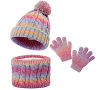 MASOCIO Kids Girls Hat Scarf Gloves Set 3 in 1 Winter Warm Toddler Children Bobble Beanie Fleece Lining Thermal Thick Knitted Wooly Snood Mittens 4 5 6 7 8 9 Pom Pom Age 3-10 Years Multicolor