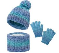 MASOCIO Kids Girls Hat Scarf Gloves Set 3 in 1 Winter Warm Toddler Children Bobble Beanie Fleece Lining Thermal Thick Knitted Wooly Snood Mittens 4 5 6 7 8 9 Pom Pom Age 3-10 Years Green Blue