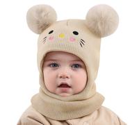 MASOCIO Toddler Hat Kids Winter Warm Balaclava Infant Baby Boys Girls Knitted Thermal Scarf Snood 12 18 Months 2 3 4 5 6 7 Children Beanie Bobble Double Pom Pom Age 1-8 Years Beige