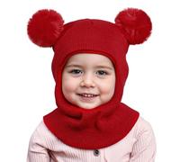 MASOCIO Toddler Hat Kids Winter Warm Balaclava Infant Baby Girls Boys Knitted Thermal Snood Scarf 12 18 Months 2 3 4 5 6 7 Kids Children Bobble Beanie Double Pom Pom Age 1-8 Years Red