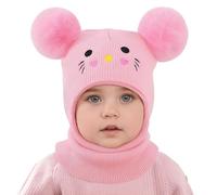 MASOCIO Toddler Hat Kids Winter Warm Balaclava Infant Baby Girls Knitted Thermal Scarf Snood 12 18 Months 2 3 4 5 6 7 Children Beanie Bobble Double Pom Pom Age 1-8 Years Pink