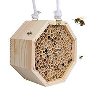 Mason Bee Box Natural Wooden Hexagon Bee House with Bamboo Tubes -Attracts Peaceful Bee Pollinators to Enhance Your Garden's Productivity
