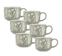 Mason Cash, in The Meadow Set of 4 Tulip Green Stoneware Mugs, 400 ml, Reactive Glaze and Wax Resist Design, Microwave and Dishwasher Safe