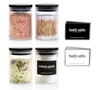 Mason & Fable Ribbed Glass Bathroom Jars with Airtight Black Bamboo Lids | Cotton Pad/Buds/Q tip Holder | Bath Salt/Small Makeup/Clear Vanity Apothecary Storage Canister (10fl.oz-300ml-4x)