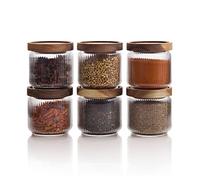 Mason & Fable Ribbed Glass Jar with Wooden Lid 350ml- 6 Pcs | Airtight Ribbed Storage Container for Spice, Tea, Sugar, Coffee, Sweets, Dog Treats, Snacks | Organization Canisters for Home & Kitchen