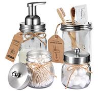 Mason Jar Bathroom Accessories Set 4 Pack - Foaming Soap Dispenser&2 Qtip Holders&Toothbrush Holder-Rustic Farmhouse Decor Bathroom Organizer Apothecary Jar Country Countertop (Brushed Nickel)