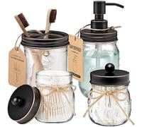 Mason Jar Bathroom Accessories Set 4 Pcs -Lotion Soap Dispenser & 2 Cotton Swab Holders & Toothbrush Holder - Rustic Farmhouse Decor, Bathroom Home Decor, Perfect Decorating Idea (Oil Rubbed Bronze)