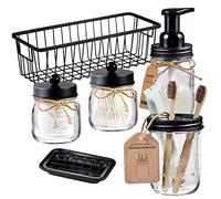 Mason Jar Bathroom Accessories Set(6PCS) - Foaming Soap Dispenser,Toothbrush Holder,Qtip Holder,Apothecary Jars, Soap Dish,Metal Wire Storage Organizer - Rustic Farmhouse Decor (Black)