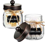Mason Jar Bathroom Storage Organizer - Oil Rubbed Bronze - Rustic Farmhouse Decor Bathroom Accessories - Qtip Holder Dispenser Glass Apothecary Jars for Qtips,Cotton Swabs,Ball,Flossers (2 Pack)