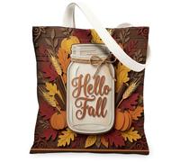 Mason Jar Canvas Tote Bag for Women, Fall Rustic Fall Leaves Pumpkins Orange Washable Reusable Market Tote Ideas for Outdoor Travel Workday Reading 13x15 Inch