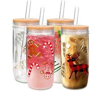 Mason Jar Cups - 24oz Christmas Mugs with Lid and Straw - Tumbler Drinking Glasses - Coffee Cups - Cookie Jar Decor - Glassware - Water Bottles - Xmas Home Decorations - Gift for Women, Kids, Men