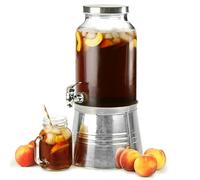 Mason Jar Drinks Dispenser with Ice Bucket Stand 5L / 176oz - Glass Beverage Dispenser with Tap & Galvanised Steel Ice Bucket Stand - Lemonade, Juice, Cocktail & Party Drinks Dispenser