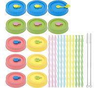 Mason Jar Lids，Canning Lids Mason Jar Lid with Straw Hole,Plastic Straw,Silicone Ring,Cleaning Brush,Lid, for Drinking and Food Storage 26Pcs