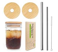 Mason Jar Lids With Straw - Reusable Bamboo Wide Mouth Tumbler Tops, 2 Packs With 2 Stainless Steel Straws