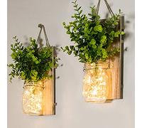 Mason Jar Wall Lights(2 Pack)/Vintage Hanging Sconces Rustic Wall Decor LED Fairy Light + Green Fake Plant Wood Board for Party/Garden/Christmas/Patio/Wedding Décor