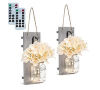 Mason Jar Wall Sconces LED Fairy Lights Remote Control, Vintage Retro Wooden Board Bottle LED String Light Home Kitchen Patio Garden Hanging Decoration(2 Pack) (Remote Control)