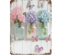 Mason Jars Hydrangeas Butterflies Metal Tin Sign Hydrangea Vases Butterfly Retro Tin Decorative Sign Wall Decor Art Signs On The Wall Gift For Women Men 8x12 Inch