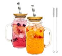 Mason Jars with Handles Set of 2, Tumblers With Straws and Bamboo Lids, 710ml Drinking Glass Cups, Travel Tumbler for Iced Coffee, Smoothie, Overnight Oats Containers