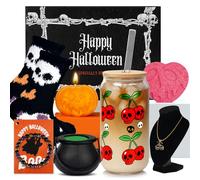 Mason Life Halloween Gifts, Boo Basket Stuffers for Adults Women, 8Pcs Spooky Pumpkin Basket, 18OZ Tumbler Glass Cups with Lids and Straws, Cute Halloween Cherry Mug for Men Her Sister Friend
