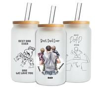 Mason Life Personalised Glass Cup with Name-Can Shaped Glass with Lids and Straws-18OZ Iced Coffee Cups (Dad)