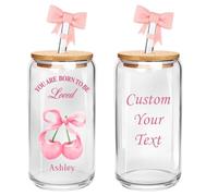 Mason Life Personalised Glass with Cherries Bows-Can Shaped Glass with Lids and Straws-18OZ Iced Coffee Cups with Lids, Personalised Tumbler Mothers Day Gift for Mum Women Her