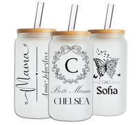 Mason Life Personalised Mothers Day Glass Cup with Initial Name-Can Shaped Glass with Lids and Straws-18OZ Iced Coffee Cups-Personalised Gift for Mum Women Mothers Day (Initial Name)