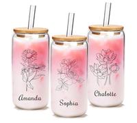 Mason Life Personalised Mothers Day Glass Cup with Name Birth Flower-Can Shaped Glass with Lids and Straws-18OZ Iced Coffee Cups with Lids, Personalised Mothers Day Birthday Gift for Mum Women